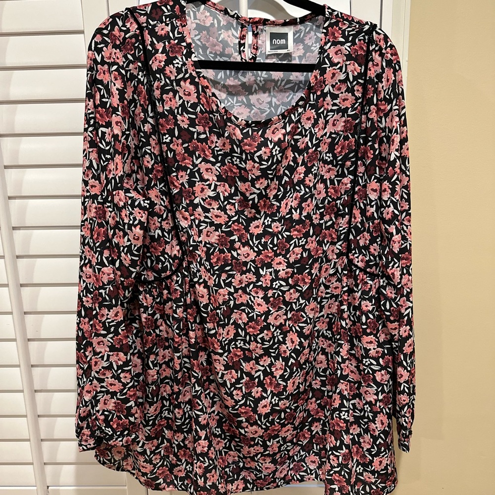 Nom Maternity Black and Pink Ruffled Long Sleeve Blouse